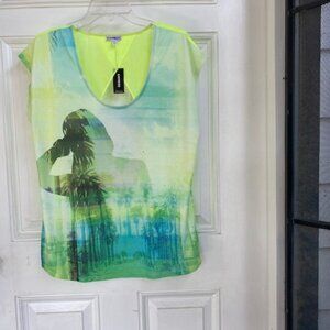 Express Tunic Sheer Backless Tropical Design Popover Sleeveless Top NWT Large